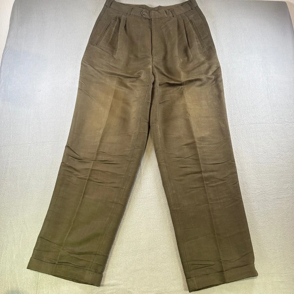 J. Ferrar Men Pleated Dress Pants Olive Brown Cuffed Straight Leg Trousers 30x32